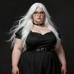 beautiful female, thick body type, long white hair, glasses, black dress with belt around waist, silver earrings, silver jewellery, black choker, highly detailed, digital painting, matte, particles, dark background, smooth, sharp focus, art by artgerm, alphonse mucha, bouguereau, beksinski, chiaroscuro, tom bagshaw, anna dittman, octane render, medium long shot