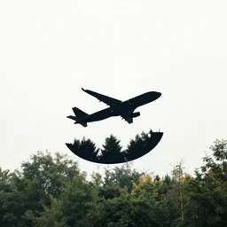 a minimalist logo of a plane flying over some trees