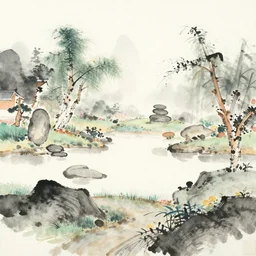 chinese watercolor zen garden drawing