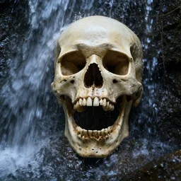 a wet skeleton skull rock with its mouth opened, directly underneath a waterfall, photo realistic, 4 k
