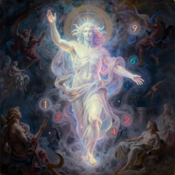 highly detailed baroque Renaissance classical 8k oil painting of the celestial glowing God of random numbers and logic, misty, epic composition, neon colors, trending
