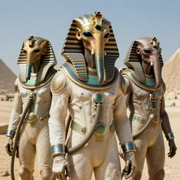the annunaki have returned to egypt wearing space suits that look like egyptian pharoah head - dresses and breathing hoses that look like elephant trunks - alien - looking, futuristic, detailed, photo - realism - by bob ross