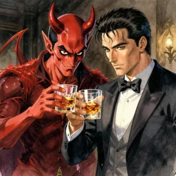 portrait, the devil and a handsome gentleman toasting with whiskey, watercolor, dramatic lighting, cinematic, establishing shot, extremely high detail, foto realistic, cinematic lighting, digital art, vector, by Yoshitaka Amano, Ruan Jia, Kentaro Miura, Artgerm, post processed, concept art, artstation, matte painting, style by eddie mendoza, raphael lacoste, alex ross