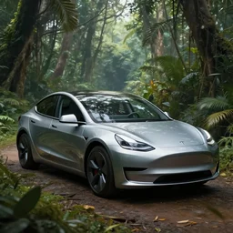 an award winning concept art of a tesla model 3 in a jungle, dramatic lighting, hyper detailed, intricate, ultra realistic, digital paiting, 4 k