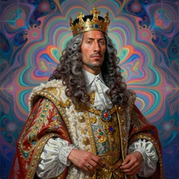 beautiful oil painting, portrait of Dwayne the rock Johnson as Louis xiv in coronation robes 1701, Dan Mumford, Dan Mumford, Alex grey, Alex grey, lsd visuals, dmt fractal patterns, entheogen, psychedelic, hallucinogen, highly detailed, ornate, vaporwave