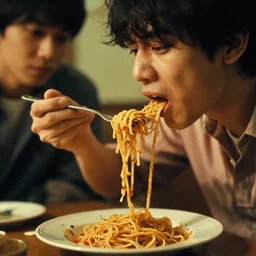 a person puking up spaghetti while another person eats it, canon 5 0 mm, cinematic lighting, photography, retro, film, kodachrome