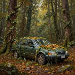 A painting of an overgrown car in a forest, vines coming down from the tall trees, autumn, rocky ground, digital art, trending on Artstation, immaculate scale, amazing composition, detailed painting