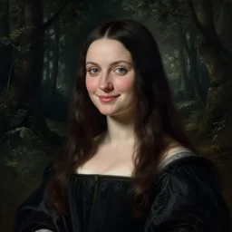 full body portrait of a woman with blue eyes, gentle round face, with a bright smile, long dark hair, in a forest at night, highly detailed, deep focus, elegant, digital painting, smooth, sharp focus, golden ratio, illustration, ultra realistic, 8 k, art by artemisia lomi gentileschi and caravaggio
