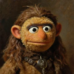 subject: muppet barbarian , style:  very detailed heavy textured rembrandt oil painting with dramatic light , very sharp detail