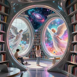 90s library interior with organic circular windows, figures, soft neon lights, bright colors, cinematic, cyberpunk, smooth, chrome, lofi, nebula, calming, dramatic, fantasy, by Moebius, by zdzisław beksiński, fantasy LUT, studio ghibli, high contrast, epic composition, sci-fi, dreamlike, surreal, angelic, 8k, unreal engine, hyper realistic, fantasy concept art, XF IQ4, 150MP, 50mm, F1.4, ISO 200, 1/160s, natural light, Adobe Lightroom, photolab, Affinity Photo, PhotoDirector 365,