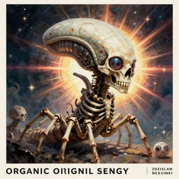 organic cyborg alien skeleton alien centipede planet face style of zdzislaw beksinski surrealism poster art album cover contrast skull eyeballs