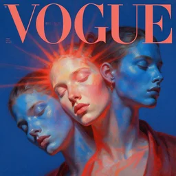 3 d, sci - fi, sun rays, sleepy fashion model face, blue faces aside, cinematic, vogue cover style, poster art, light red and deep blue mood, realistic painting, intricate oil painting, high detail, figurative art, multiple exposure, poster art, 3 d, by tooth wu and wlop and beeple and greg rutkowski