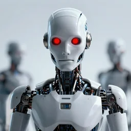 an evil robot neural network denchinet, red eyes, hacking humans, detailed portrait,, 4 k, octane render, hd,