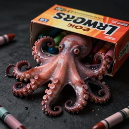 octopus tentacles emerging creepily from beneath the lid of a box of crayons. 8 k photo with dramatic lighting.