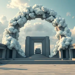 giang roundgate made out of clouds in the sky, big concrete throne in the middle, symmetrical, empty, gloomy, peaceful, extremely high detail, 8 k, unreal engine, photorealism, hyperrealism
