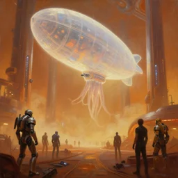 dramatic perspective fury road in space a minimalist bioluminescent oil painting by donato giancola, chris foss, warm coloured, cinematic scifi luxurious futuristic foggy steam filled spaceport with giant bright translucent cephalopod zeppelin cyborg with microscopy, gigantic pillars, maschinen krieger, beeple, the matrix, star wars, ilm, star citizen, mass effect, artstation, atmospheric perspective