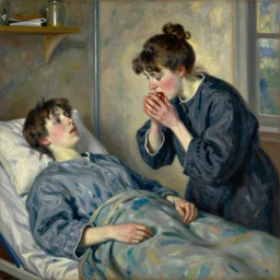 vintage beautiful painting of a patient coughing in a sanatorium speeding a disease in Mary Cassatt style