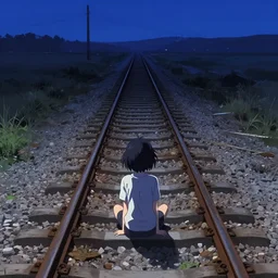 anime girl with short black hair, sits on an abandoned railway track leading to the end of the world, at midnight, clear sky, view from above, digital concept art illustration by akihiko yoshida and makoto shinkai and wlop and and tsutomu nihei, 4 k artstation