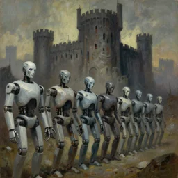 line of robots guarding a brutalist castle, evil visages, dystopian, pj crook, edward hopper, oil on canvas