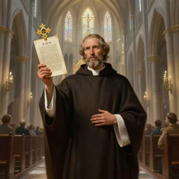 a Priest holding up the gospel of Emad in a beautiful cathedral, highly detailed, digital painting, artstation, concept art, smooth, sharp focus, illustration, Unreal Engine 5, 8K, art by artgerm and greg rutkowski and alphonse mucha