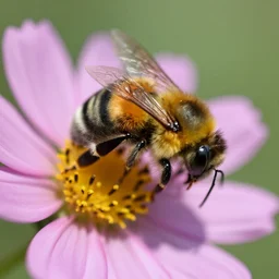 a macro shot of a bumble bee pollinating a flower