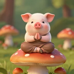 “ cute pig meditating like a buddha on top of a giant mushroom ”