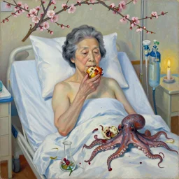 portrait of a japanese old lady in a hospital bed, sensual, plum blossom, squashed berry stains, octopus, scientific glassware, eating rotting fruit, wilted flowers, oxygen tank, candlelight, neo - impressionist, surrealism, acrylic and spray paint and oilstick on canvas