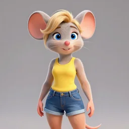 3 d render, portrait, upper body shot, mid shot, anthropomorphic mouse, female, blond furr, blue eyes, wearing denim short shorts and a off yellow tank top shirt, solo, in the style of sing