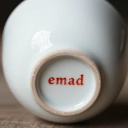 close up shot of the bottom of a broken ceramic coffee cup with the red ink stamped word emad porcelain. shallow depth of field
