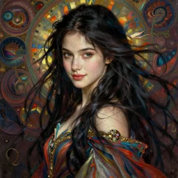 facial portrait of a young pretty woman in flowing dress, arrogant, mysterious, long fine flowing hair, delicate, looking at camera, slightly awkward smile, realistic face, no hands visible, intricate, stylish, elegant, grimdark fantasy, vibrant, extremely detailed painting by Ernst Haeckel and Greg Rutkowski and Harumi Hironaka