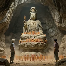 craig mullins and ghibli digital illustration of a statue of guanyin full of joss sticks, in a stone cave, dust ， surrounded by joss sticks unreal engine, hyper realism, realistic shading, cinematic composition, realistic render, octane render, detailed textures, photorealistic, wide shot
