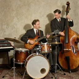1940's band playing drums, guitar, keyboard, upright bass, photorealistic art, hd, 8k, intricate details, high definition