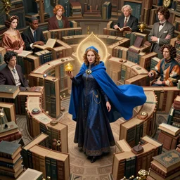 highly detailed surreal vfx portrait of a female mage with a blue cape in a labyrinth of books, stephen bliss, unreal engine, greg rutkowski, loish, rhads, beeple, makoto shinkai and lois van baarle, ilya kuvshinov, rossdraws, tom bagshaw, alphonse mucha, global illumination, detailed and intricate environment
