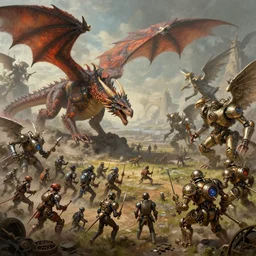 Climatic battle between an army of dragons and an army of steampunk mechanical angels, matte painting, steampunk fantasy, artstation