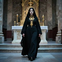 lomography, full body portrait photo of a beautiful goth woman from a distance as a priestess wearing ornate gold jewelry and a black robe walking past a altar in a ancient temple interior, moody, realistic, dynamic perspective pose, light blue filter, skin tinted a warm tone, hdr, rounded eyes, detailed facial features, alphone mucha, heian, black white gold