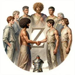 the circle complete, greek symbol zeta, diversity team, afro, male, european, handshake, highly detailed, digital painting, watercolor, soviet realism, engraving, artstation, concept art, smooth, sharp focus, vivid grunge, manga, illustration, unreal engine 5, 8 k, art by bilibin and kuvshinov and malevich and mucha