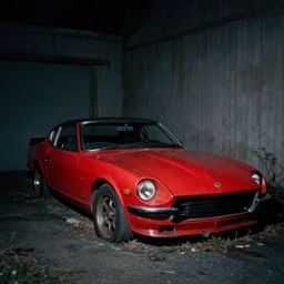 decaying red 350z roadster abandoned in alley night time decrepit shot from bladeruner 2049 soft lighting dark shadows beautiful 10mm camera Ryan Church