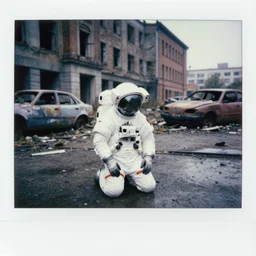 american white spacesuit astronaut sad hopeless kneeling in postapocalyptic abandoned destroyed legnica centre, wrecked buildings, destroyed flipped wrecked cars, polaroid photo, vintage, neutral colors, rainy day, by gregory crewdson