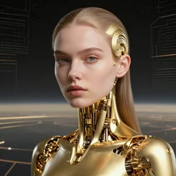 retrofuturistic portrait of a young woman beautiful minimal gold bionic, space graphics in background horizon, close up, quint buchholz, wlop, dan mumford, artgerm, liam brazier, peter mohrbacher, raw, featured on artstation, octane render, cinematic, elegant, intricate, 8 k