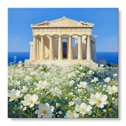 a beautiful painting of there is a mysterious parthenon on the blue sea, full of holy white flowers