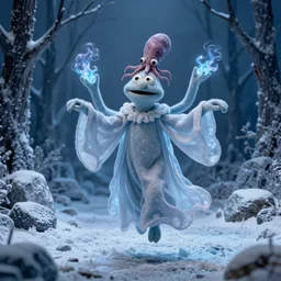 an ethereal live action muppet wraith like figure with a squid like parasite latched onto its head and four long tentacle arms that flow lazily but gracefully at its sides like a cloak while it floats around a frozen rocky tundra in the snow searching for lost souls and that hides amongst the shadows in the trees, this character has hydrokinesis and electrokinesis is a real muppet by sesame street, photo realistic, real, realistic, felt, stopmotion, photography, sesame street