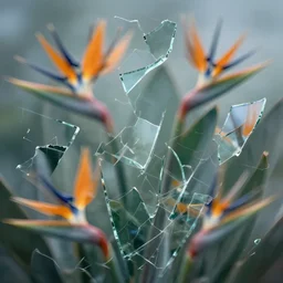 irregular fractals of bird of paradise, segmented broken glass shards, motion blur, distortion