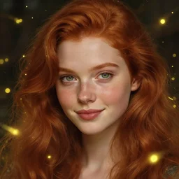 a highly detailed, hyper realistic, stunning portrait of a red haired young woman, surrounded by the lights of golden fireflies, long hair, green eyes, hint of freckles, round gentle face, cheeky smile, romantic, deep focus, elegant, digital painting, smooth, sharp, golden ratio, illustration, art by artgerm and caravaggio