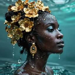 hyperrealistic precisionist cinematic profile very expressive! black oshun goddess, in water! up to shoulders, mirror dripping droplet!, gold flowers, highly detailed face, digital art masterpiece, smooth eric zener cam de leon, dramatic pearlescent turquoise light on one side, low angle uhd 8 k, shallow depth of field, double exposure photography