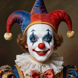 baroque rococo painting Royal Fancy Jester clown male Hildebrandt Lisa Frank high detail cute adorable whimsical up close clown jester face paint