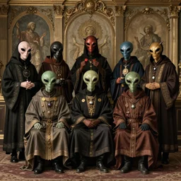 vintage old group photo of alien mystic club wearing occult robes and masks baroque painting, beautiful detailed intricate insanely detailed octane render, 8K artistic photography, photorealistic, chiaroscuro, Raphael, Caravaggio