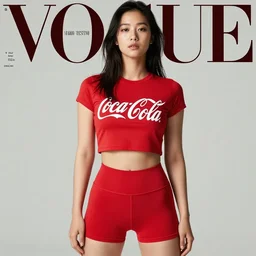 suzu Hirose wearing crop red Coca Cola gym top with white Lettering, cropped red yoga short, Vogue editorial by Mario Testino, masterwork