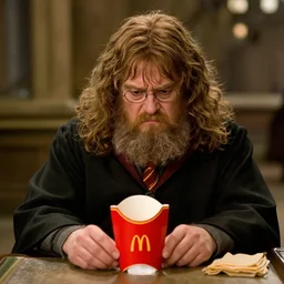 photo of hagrid in a mcdonalds drinking coffee alone, looking sad