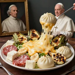a amazing new surrealist hybrid of a pope salad by giuseppe arcimboldo and kandinskali and catrin welz - stein, melting cheese, steamed buns, grilled artichoke, sliced banana, the pope, salami, milk duds, licorice allsort filling