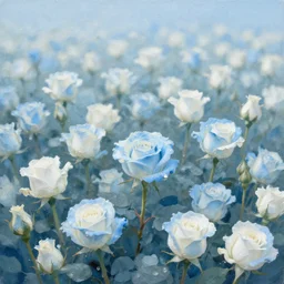 field of light blue and white roses, matte painting